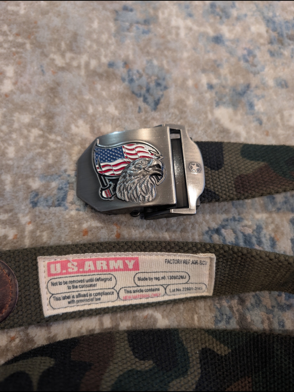U.S. Army Camouflage Web Belt with Eagle Flag Buckle - Olive Green